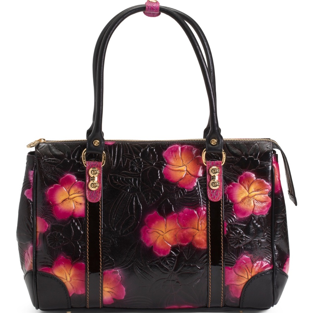 NWT-Marino Orlandi-Embossed Leather Satchel-Black-Tropical 🌺 Flowers-Italian 🇮🇹 - Picture 13 of 16